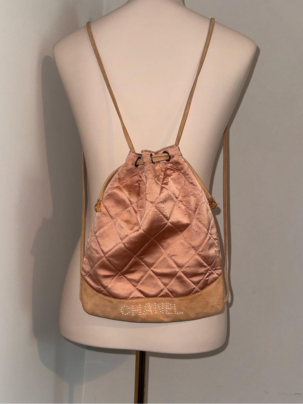 CHANEL Blush Quilted Satin Drawstring Backpack